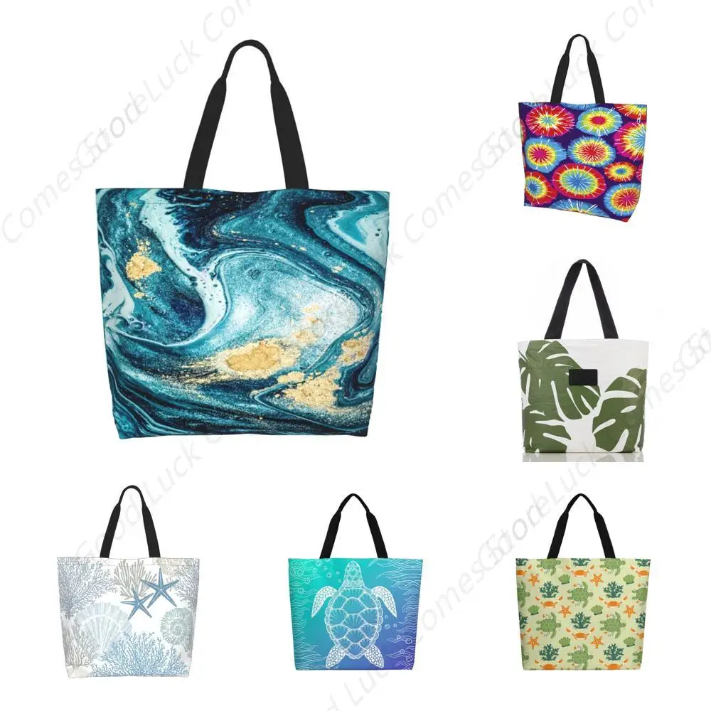 

Large Tote Bag for Women Reuseable Handbag,Very Beautiful Blue Marble With Gold Powder Shoulder Bag,Double Sided Bag