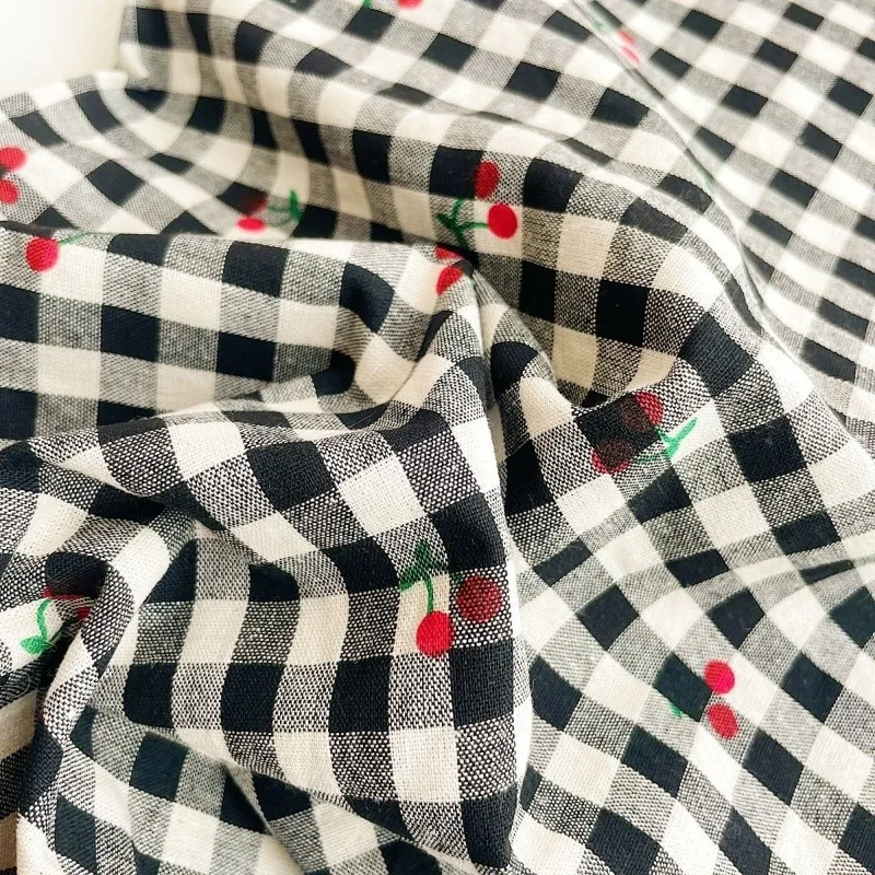 Polyester Cotton Cherry Printed Small Checkered Shirt Dress Fabric Handmade Doll Clothing Headband DIY Home Decoration Fabric