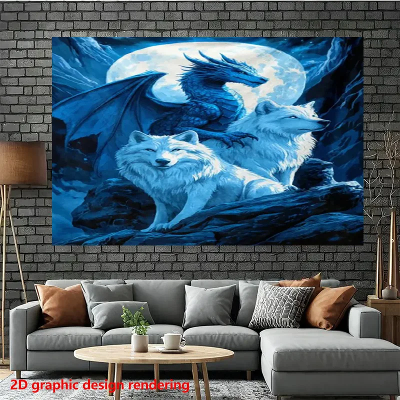 Epic Fantasy Wolf and Dragon Art Wall Tapestry Blue Moonlight Forest Scene Home Decor Poster