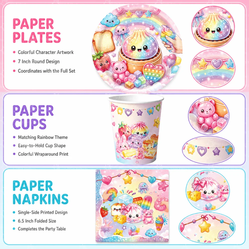 60 Stück Squishy Geburtstagsdekorations-Geschirr Rosa Spielzeug Einweg-Pappbecher Teller Servietten Party-Geschenke Babyparty-Spielzeug – Detail 10