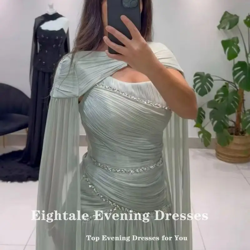 Eightale Arabic Evening Dress Beaded with Rhinestones Pleats Customized Floor Length A-Line Cape Prom Wedding Party Gown