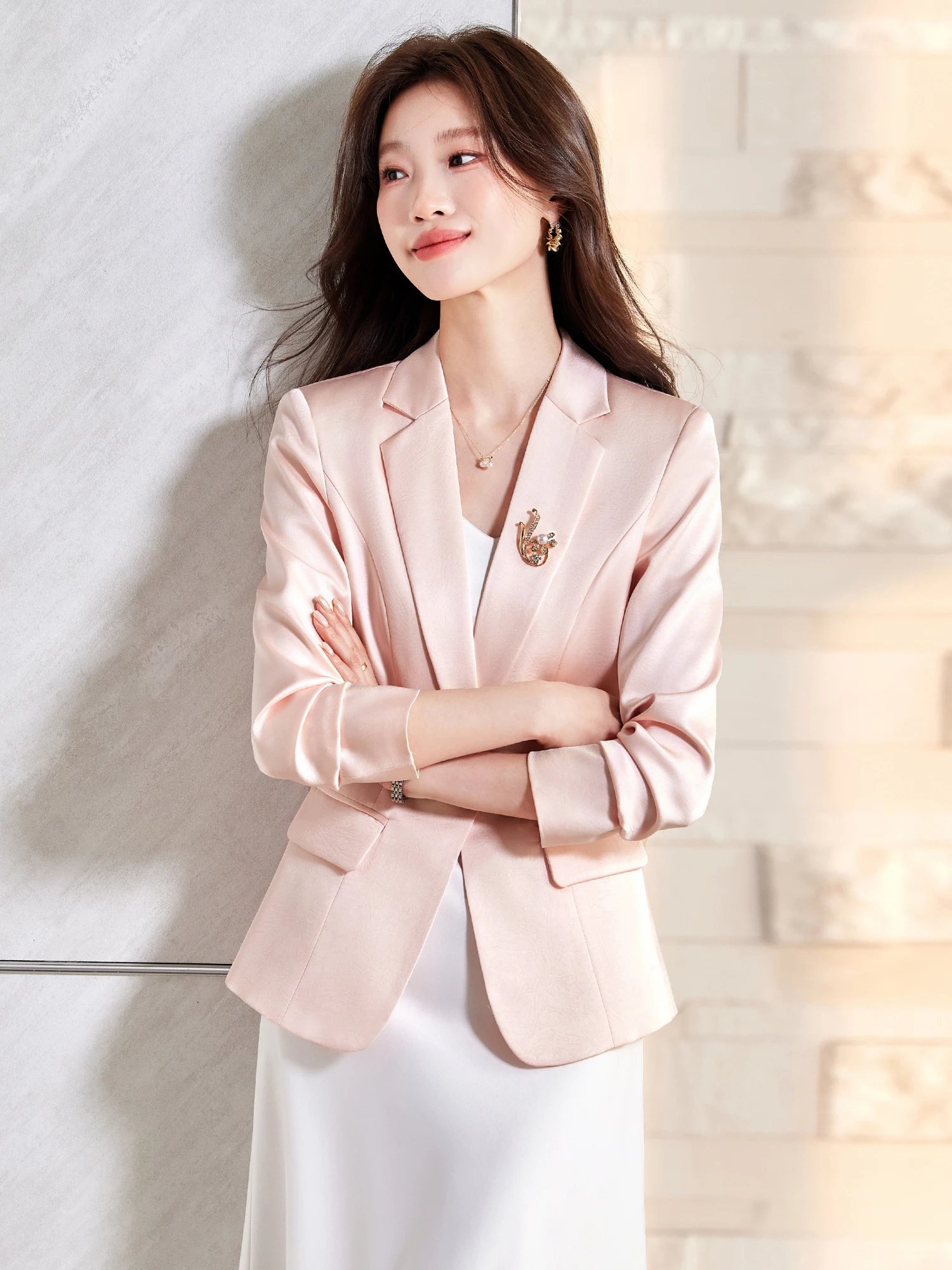 

Pink Suit Jacket Women's Casual Commute Workplace Fashion Spring New Arrival Small Size High-End Feel Leisure Suit