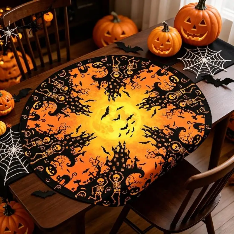 

Halloween Round Oil Resistant Tablecloth Elastic Fit Design Polyester Fabric For Indoor Outdoor Dining Parties 87HA