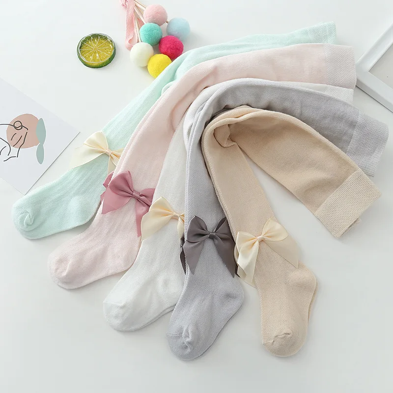 New Summer Girls Pantyhose Soft Cotton Breathable Mesh Bow Tie Decor Tights Stockings Princess Babys Kids Anti-mosquito Leggings