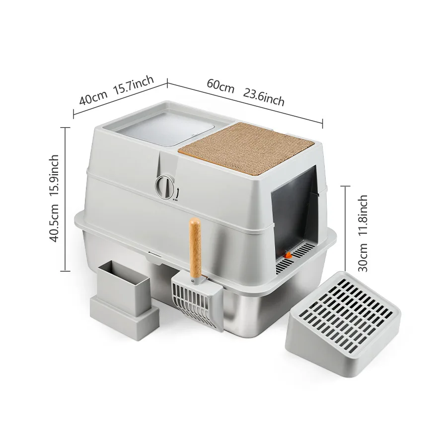 Caja de arena cerrada de acero inox antisalpicaduras para gatos - imagen 3