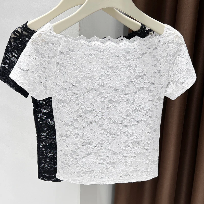

One-shoulder hollow jacquard lace tops for women with sexy clavicle-revealing short-sleeved T-shirts for women with mesh bottomi