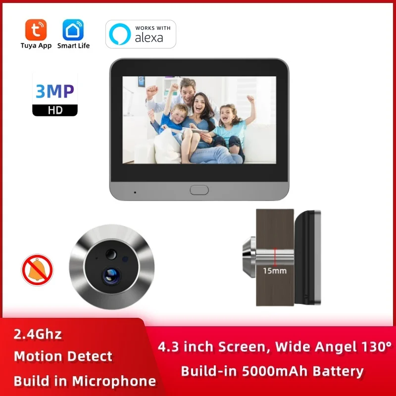 Tuya Smart 3MP  WiFi Peephole Video Door Camera Security one-way Audio Night Vision 4.3' HD Video Door Camera