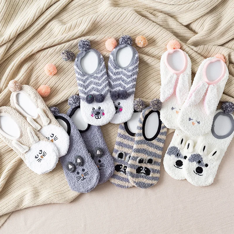 Womens Winter Plush Cartoon Boat Socks Thick Anti-Slip and Warm Socks Cute Home Socks 3D Rabbit Yoga Kawaii Autumn Sock Woman