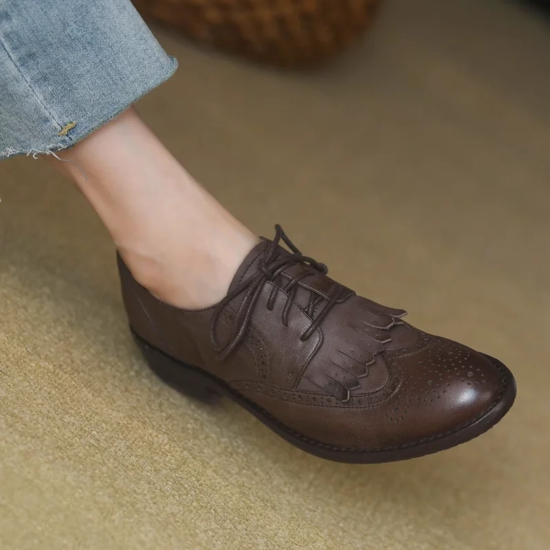 

British Style Fringe Oxfords Lace-Up Brogue Shoes For Women Vintage Oxfords Flat Shoes Woman Cowhide Lady Flats Retro Low Heel