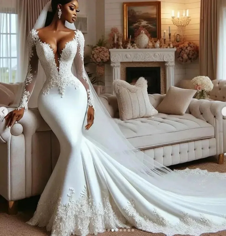 

New Long Sleeves Mermaid Wedding Dresses Lace Appliques White Bridal Gowns Sheer V-Neck Chapel Length Elegant Vestido De Novia