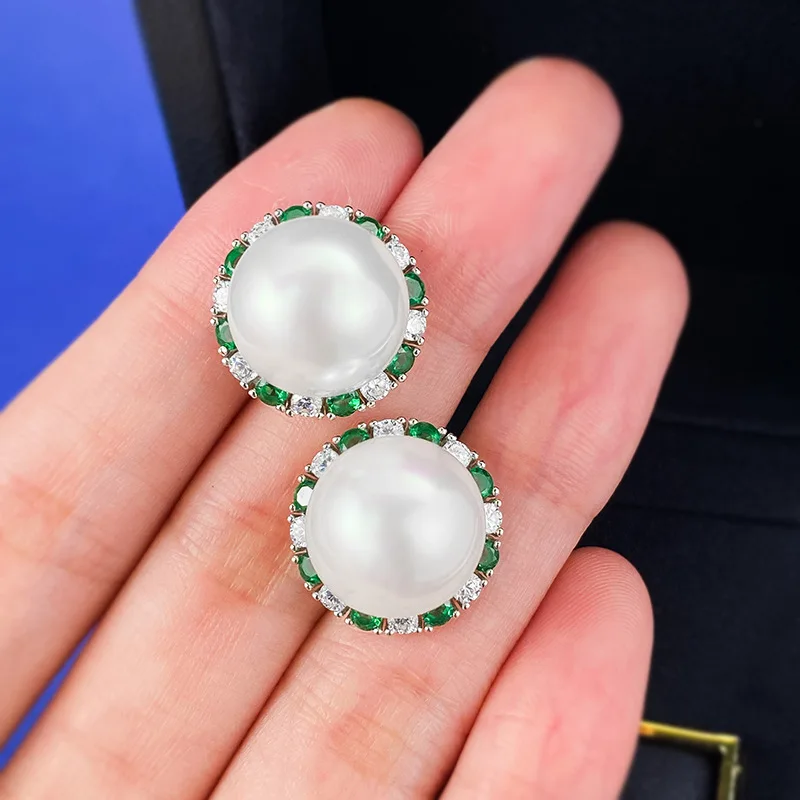 925 Sterling Silver Shell Pear Eemerald Stud Earrings for Women Girl 12mm Anniversary Gift