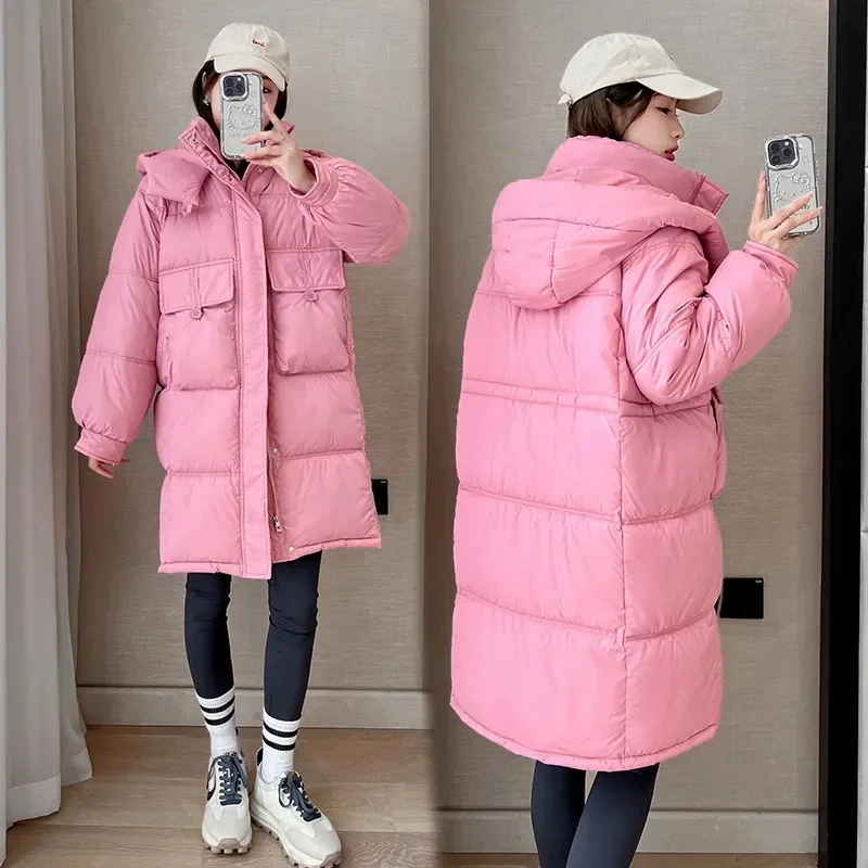 

White Hooded Long Down Cotton Jacket For Women Long 2024 new Korean Loose Fitting ParkaThick Winter Cotton Coat Outerwear Pink