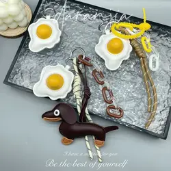 Hand woven rope keychain dachshund fried egg Creative backpack pendant de-massified Hangings