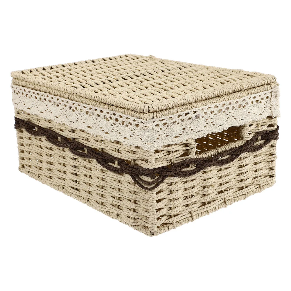 

Rectangle Storage Basket Woven Lid Vanity Desk Decor Tray Brush Holder Organizer Eco Friendly Durable Basket Storage