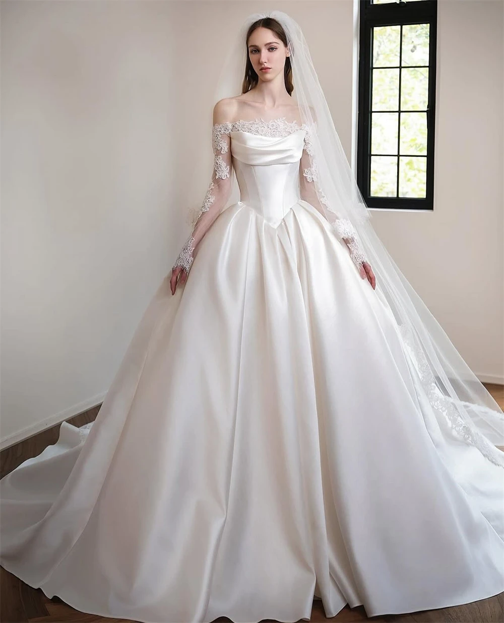 Мечтательное белое атласное свадебное платье по индивидуальному заказу, официальное свадебное платье с вырезом лодочкой и длинными рукавами, мягкое трапециевидное платье со шлейфом, Vestido De Novia