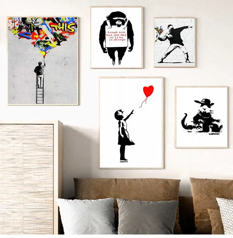 Banksy Street Graffiti Decorative Canvas Painting, Girl with Balloon, Follow Your Dreams, Monkey Art, Poster Prints, Wall Decor