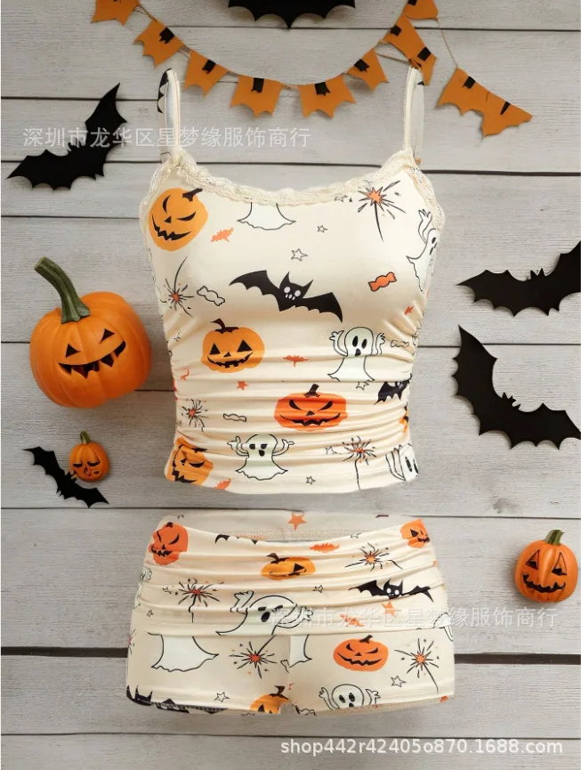 

Casual Women's Shorts Set Fashionable Cartoon Print Home Breathable Lace Suspenders V-neck Sleeveless Shorts Pajamas 2-piece Set