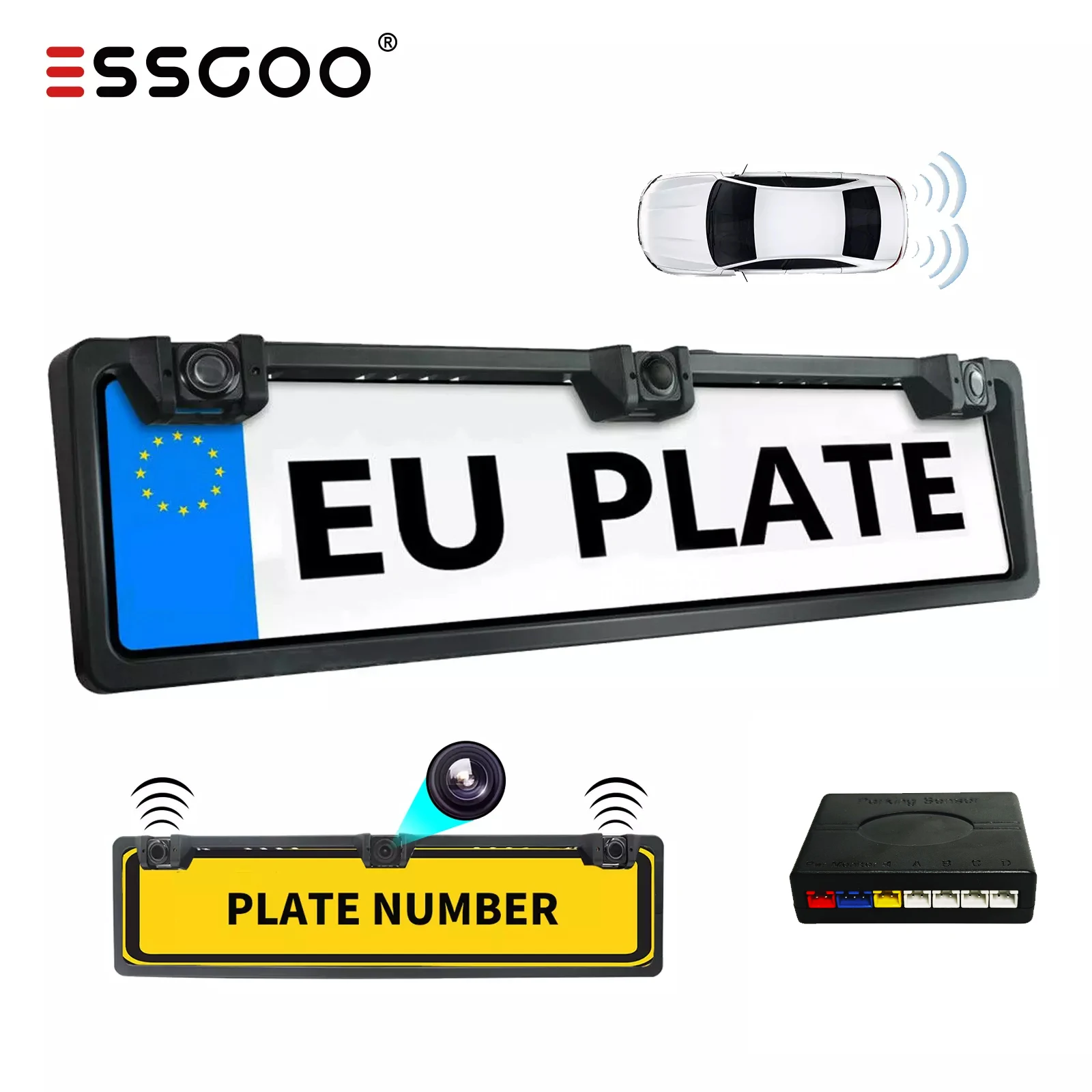 ESSGOO EU License Plate Cam Car Reverse Backup Rear View Camera Sensor Radar Night Vision HD Camera