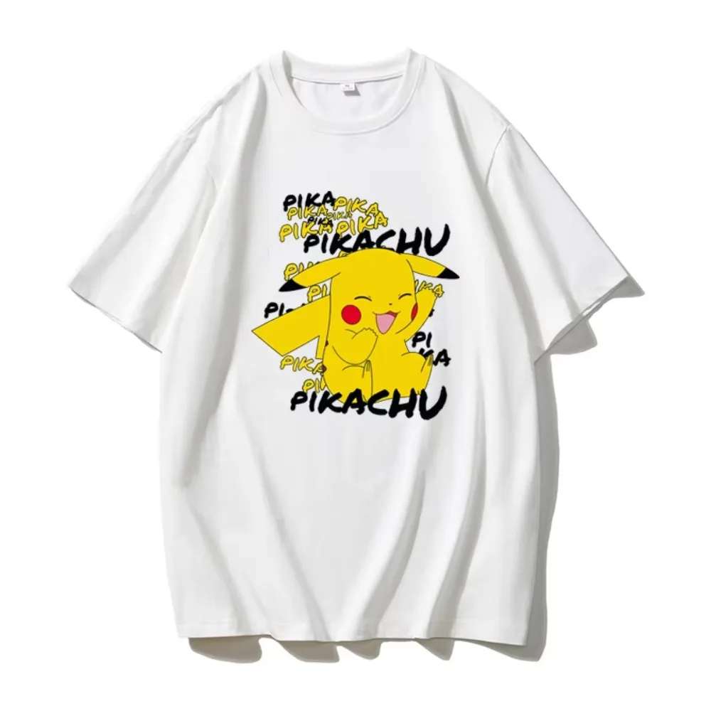 Camiseta de manga corta con estampado de Anime MINISO Pikachu Pokemon para hombres y mujeres, cuello redondo de algodón, informal y de moda, de manga corta