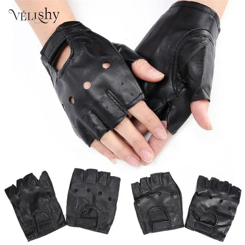 1 Pair Motor Punk Gloves Unisex Black PU Leather Fingerless Gloves Black Female Half Finger Driving Women Men Sports Guantes