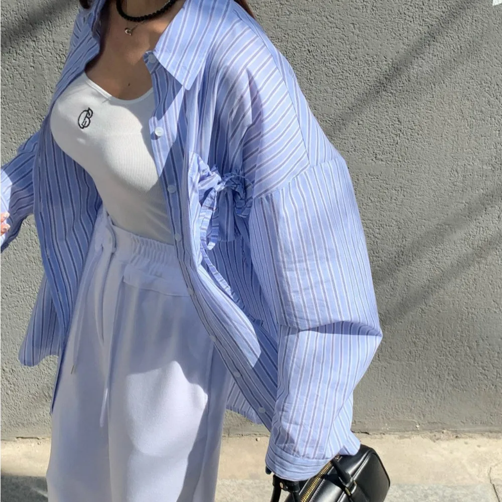 Chic Vintage Striped Long Sve Loose Women's irt Korean Sle Commute Faion Agel Design Trendy Match All Autumn