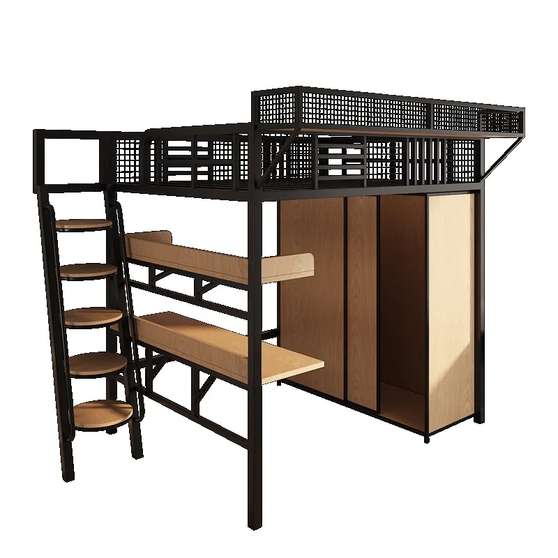 Wrought Iron Elevated Bed Two-Layer Suspended Duplex Bed Empty Single Upper Loft Small Apartment Under the Bed Cabinet