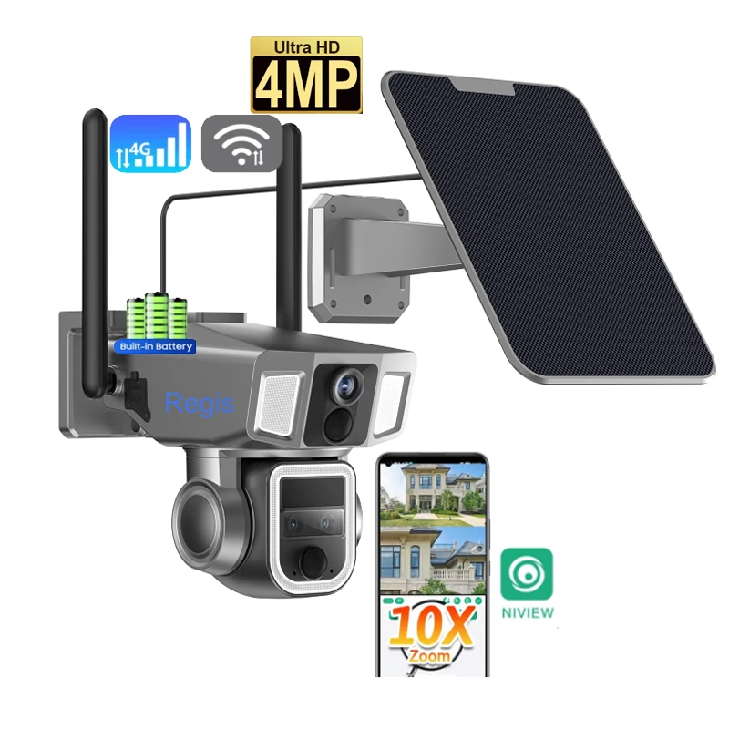Regis 4G 10X 4K Dual Lens Solar CCTV Camera Night Vision CMOS Wireless Outdoor PTZ Security Spotlight System Sim Card Compatible