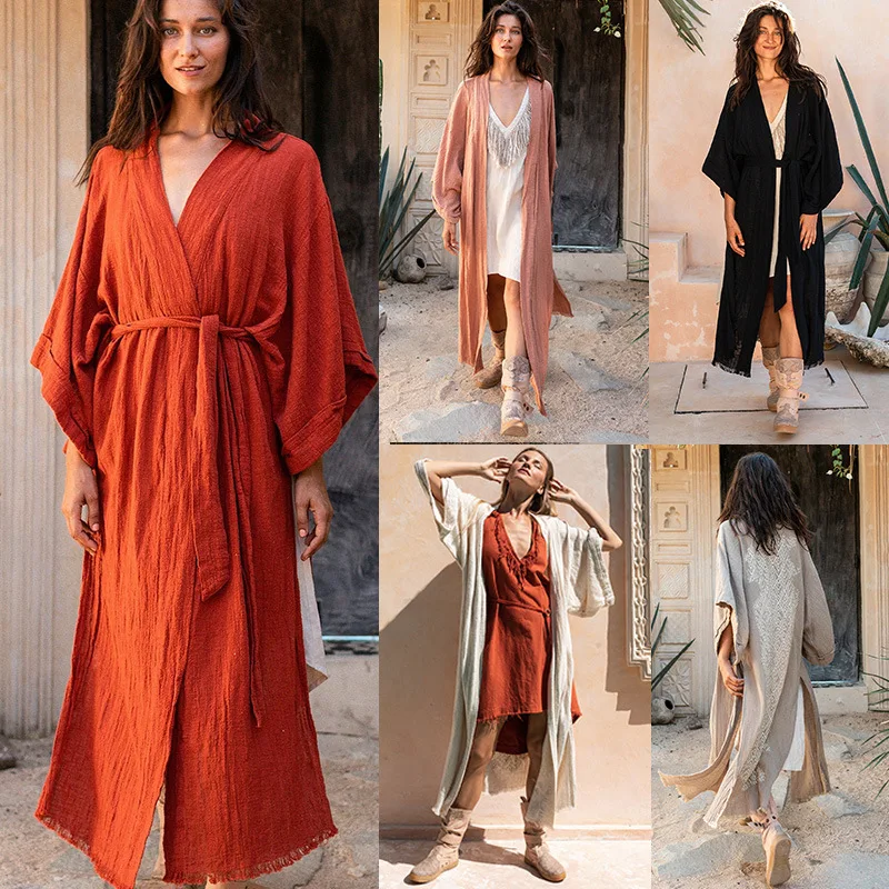 Solid Cotton Linen Bikini Cover Up Kaftan Long Tunic Loose Split Maxi Dress Women Summer Beach Wear Swim Suit Cover Up with Belt