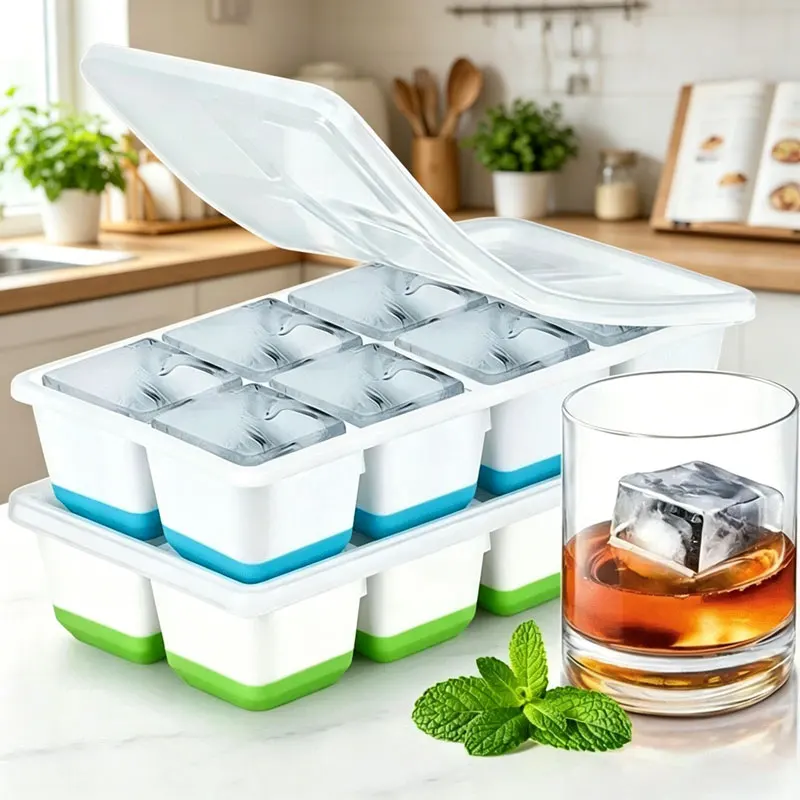 8-Fach Große Eiswürfelform aus Silikon, Leicht zu Entfernende Flexible Eiswürfelform mit Deckel, Quadratische Form, DIY Eismaschine, Eiswürfelbehälter