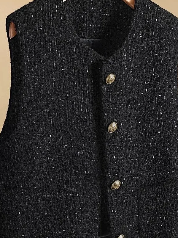 

Жилет из смесовой овечьей шерсти с круглым вырезом, верхняя одежда, малый размер, с крупным узором, для повседневной носки, на одной пуговице