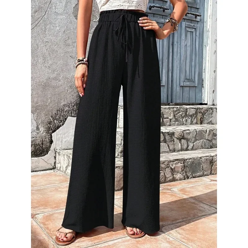 Pantalones de vestir de pierna ancha para mujer, ligeros, de cintura alta, con nudo de lazo ajustable, pantalones de salón sueltos, pantalones casuales de negocios