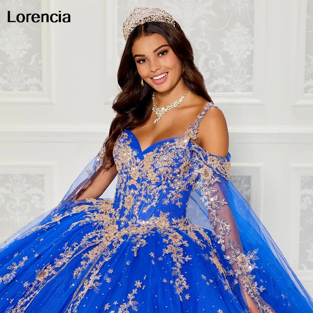 Lorencia azul royal quinceanera vestido de baile ouro renda apliques miçangas com capa mexicano doce 16 vestidos de 15 anos yqd733