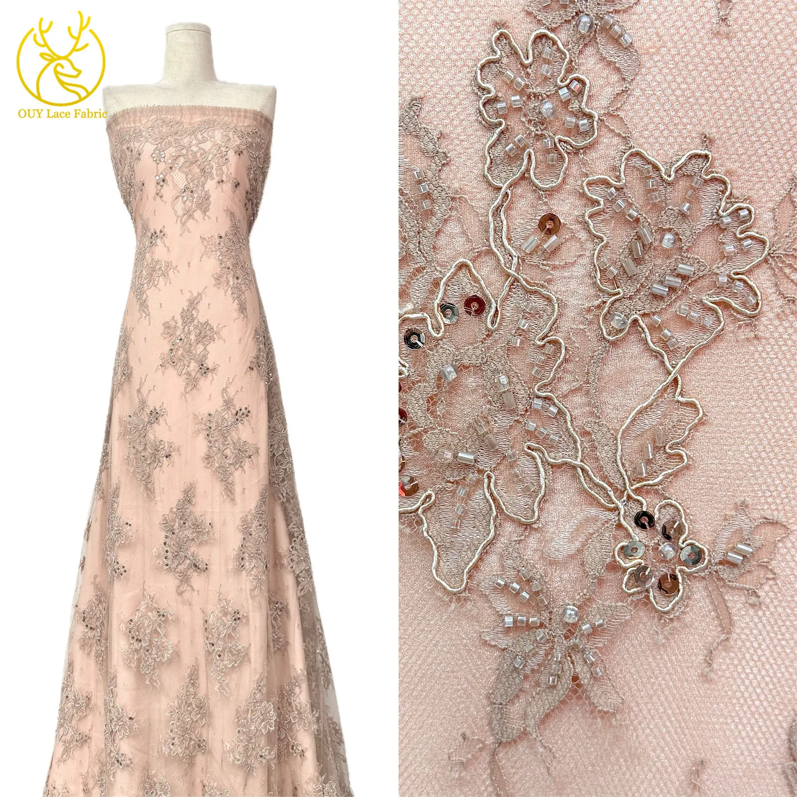 Elegante, exquisite, würdevolle, neue, modische, handgefertigte, perlenbesetzte, mit Pailletten bestickte Netzspitze, vollständig mit Perlen besetzt, für Damen-Hochzeitskleider – Detail 5