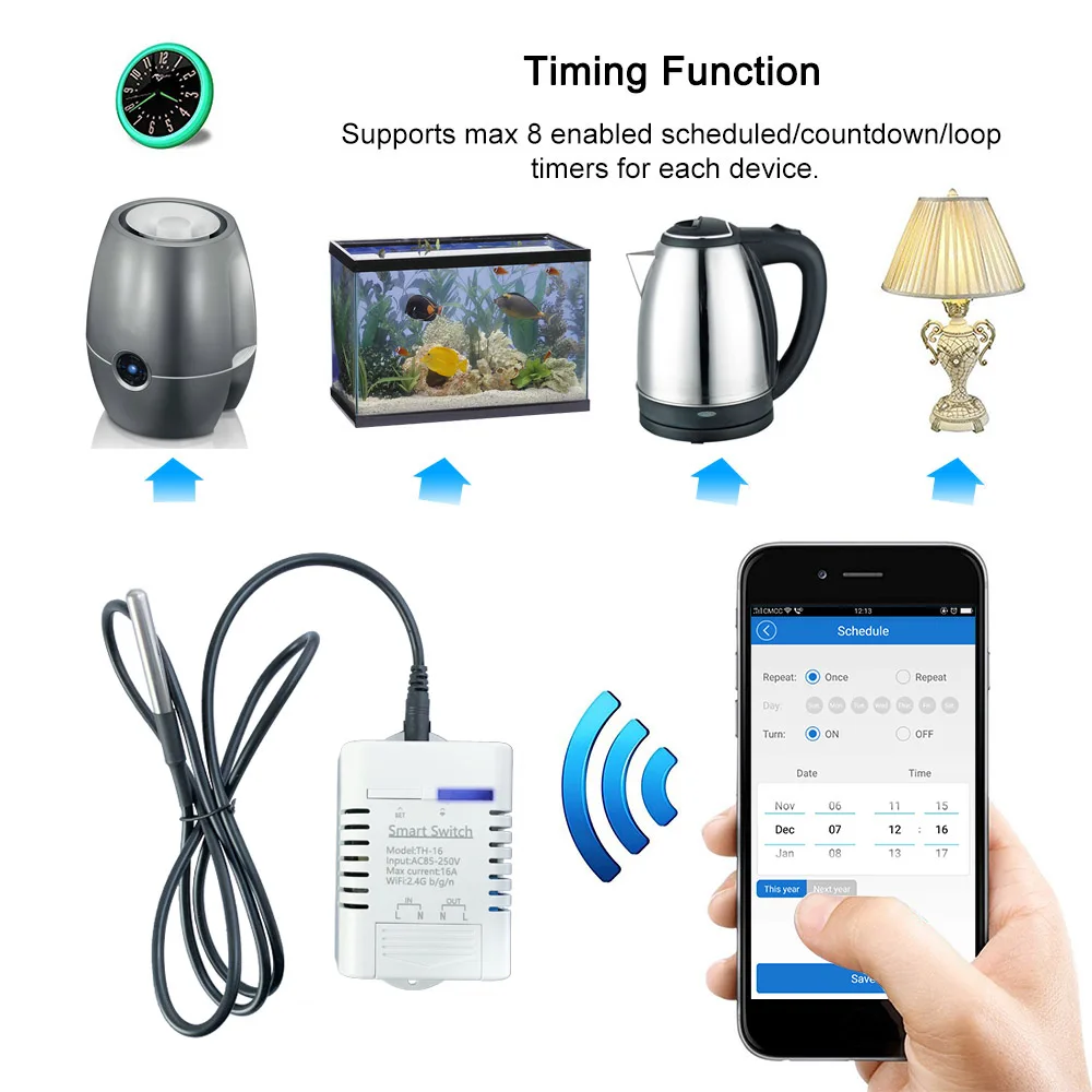 WIFI Temperature Humidity Controller Sensor,Ewelink Remote 16A TH16 Smart Switch  Energy Consumption Monitor For Alexa Google