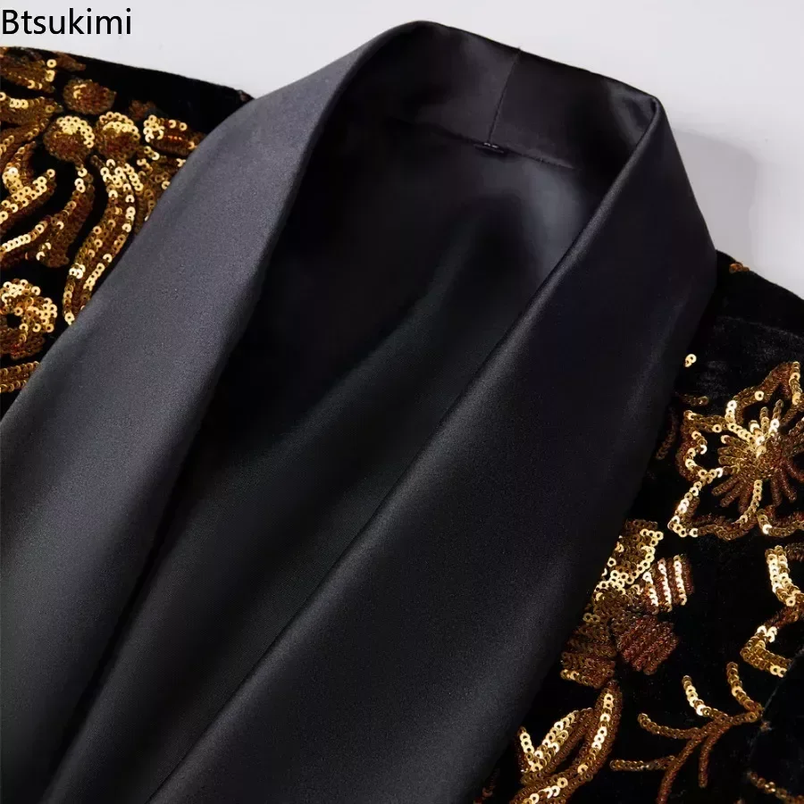 Black Shiny Gold Sequin Glitter Embellished Blazer Jacket Nightclub Prom Suits Wedding Stage Singer Costume for Men Suits Jacket