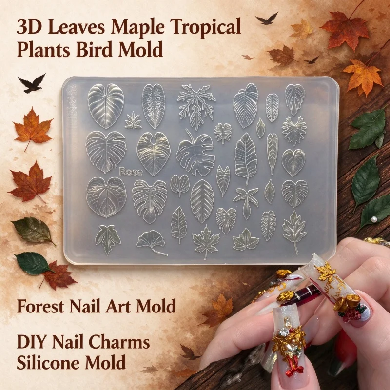 3D Leaves & Maple Leaf Tropical Plants Silicone Mold, Forest Style Autumn Bird DIY Nail Charms Mold
