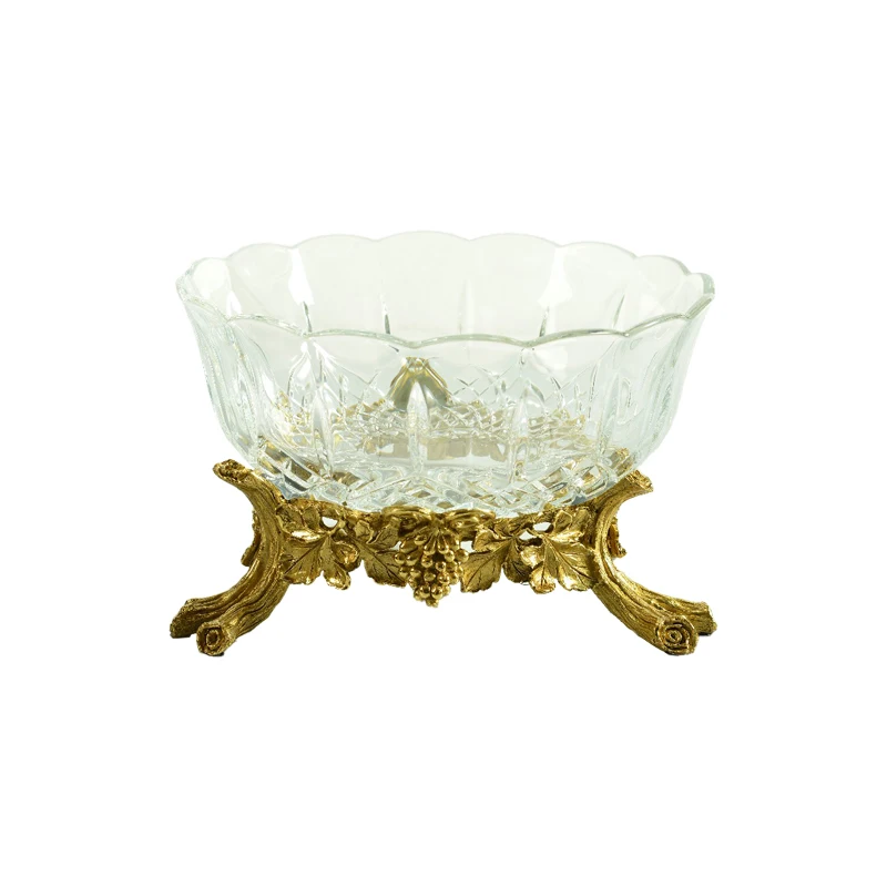 

High-quality fine home decoration, brass engraved grape bottom basket food crystal glass fruit tray