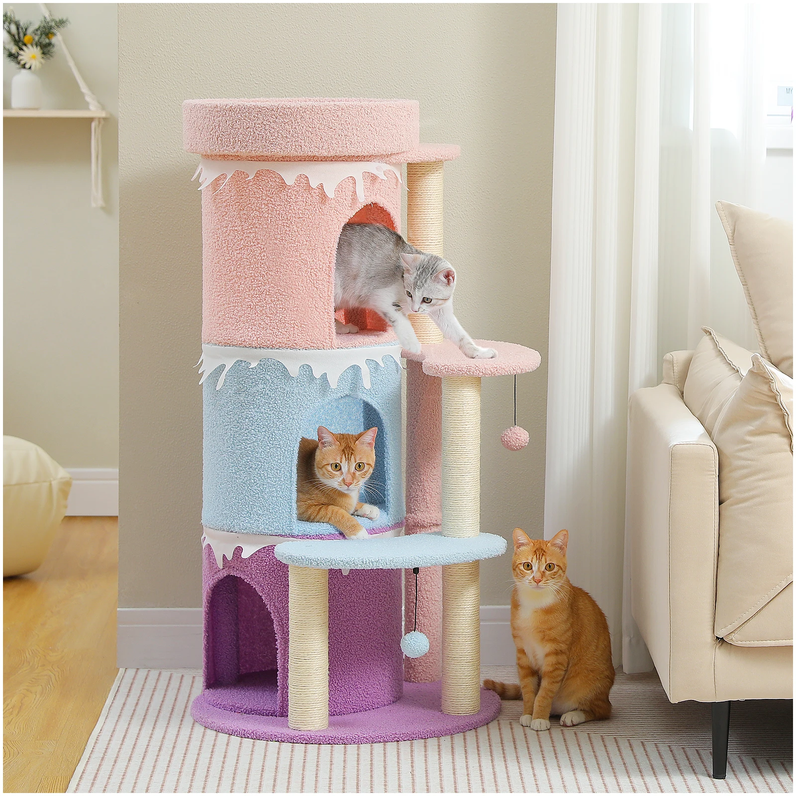 Multi-Level Cat Bed Cat House, Large Cat Condos for Indoor, Cute Cat Tree Tower with Sisal Scratching Posts, Pompoms, Kitten Toy