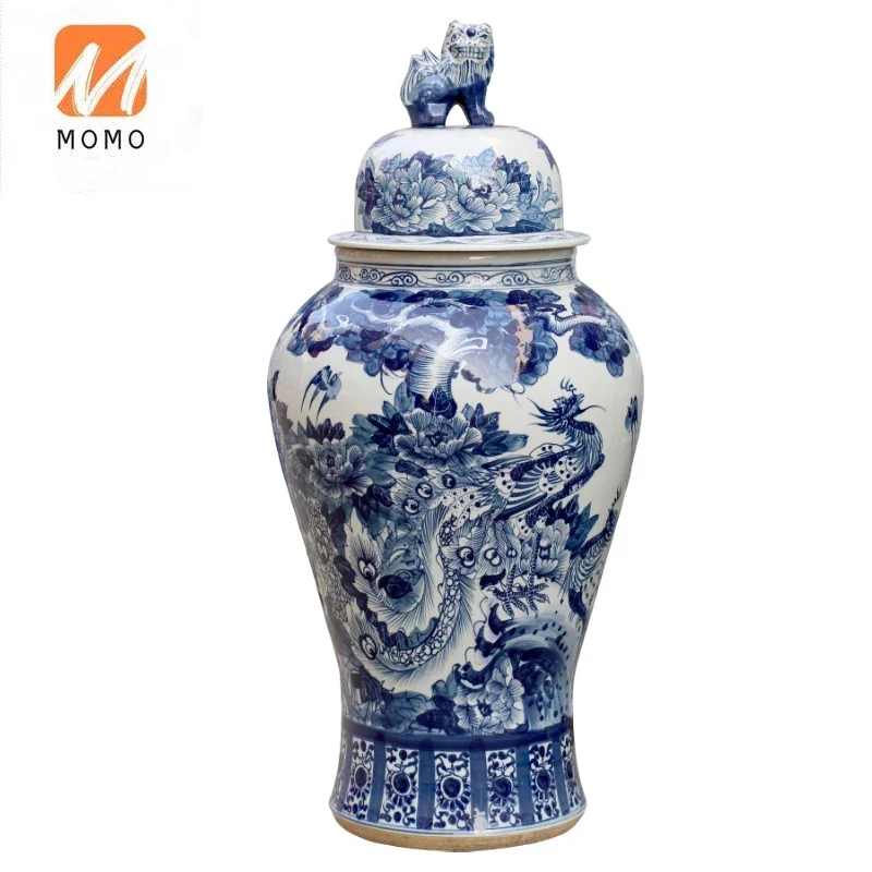 Large size chinese handmade blue and white ginger jar dragon and phoenix pattern ceramic temple jar with lion design lid