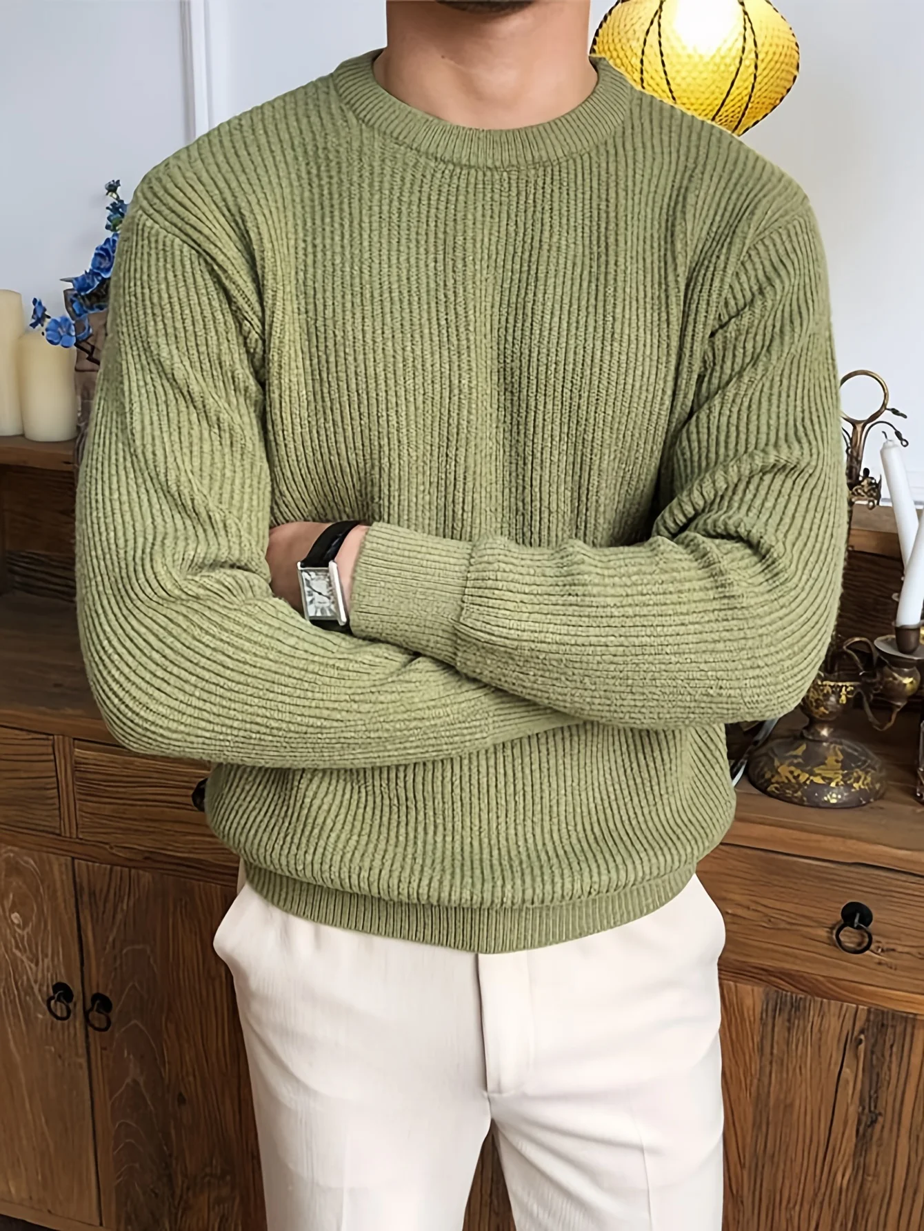 

LVLAEA Men's Old Money Style Knitted Pullover, Autumn Winter Ripped Long Sleeve Round Neck Shirt, Breathable Casual Daily Top