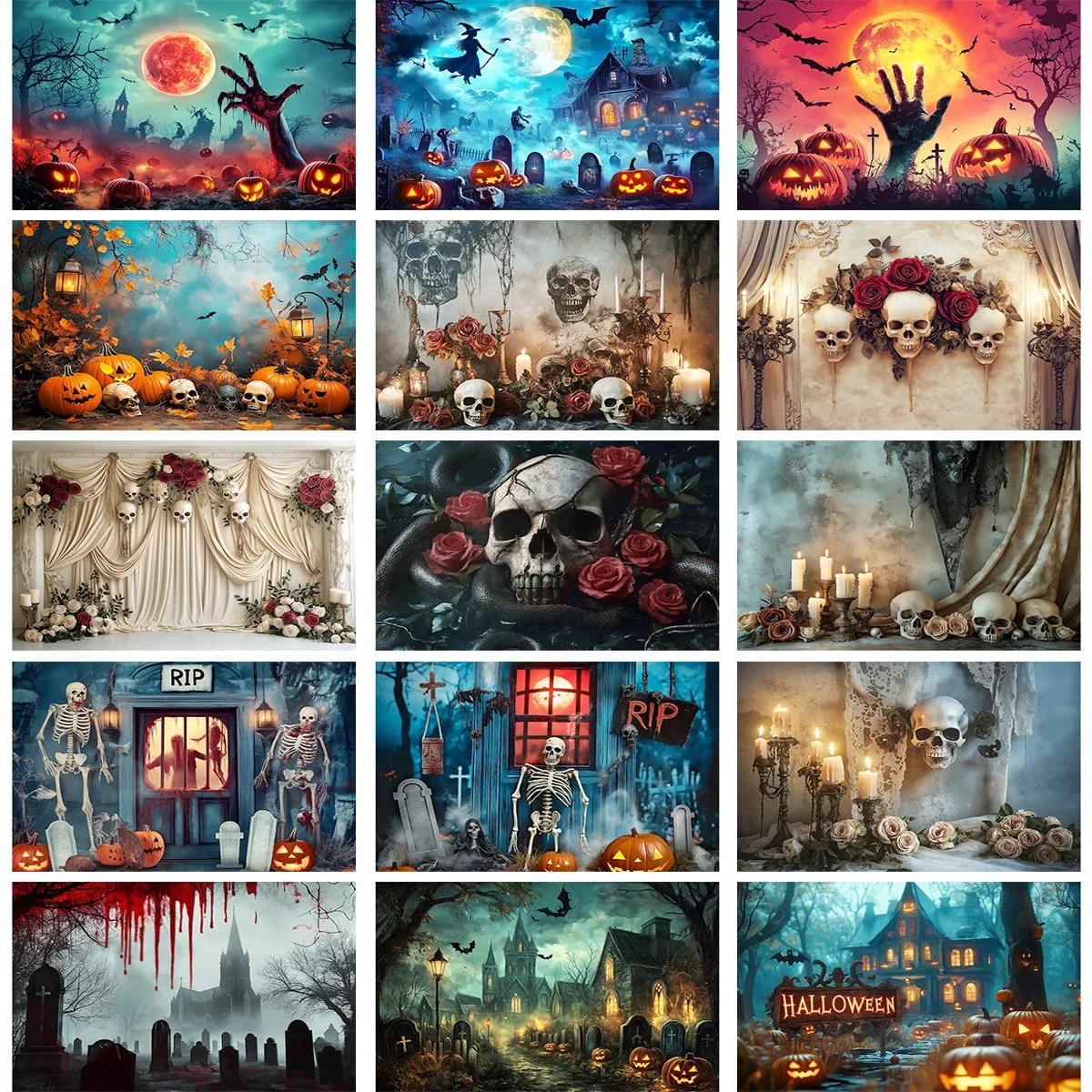 

Halloween Horror Themed Skull Roses Cemetery Witch Backdrops Kids Baby Photography Adult Photocall Props Castle Bats Backgrounds