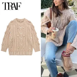 TRAF Women's Long Sleeve Sweater Tops 2024 Autumn Winter Rhinestone Knitted Sweater Pullovers Khaki Floral Oversized Knitwears