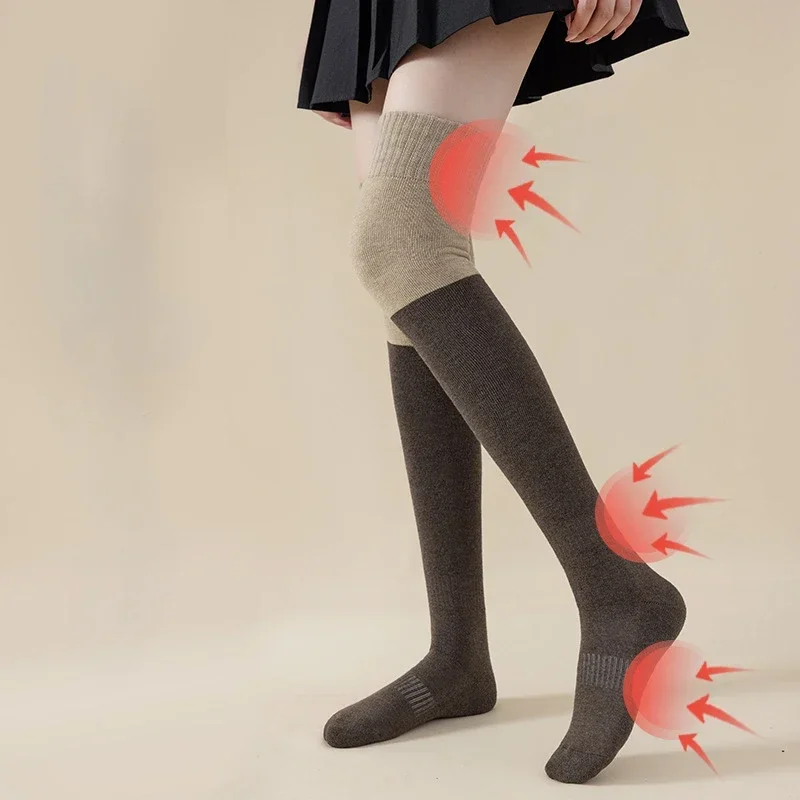 Chaussettes longues épaisses en coton pour femmes, chaussettes thermiques au-dessus du genou, chaussettes hautes respirantes, bas décontractés solides, hiver chaud