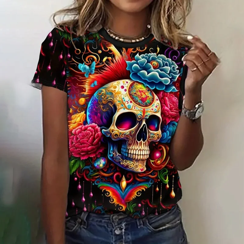 Skeleton Flower Pattern T Shirt For Women Day Of The Dead 3D Printed Short Sleeves Summer Loose T-Shirts O-Neck Tops Street Tees