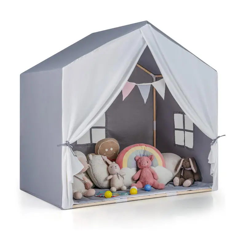 Kid's Play Tent with Washable Cotton Mat and Flag Banner-Gray