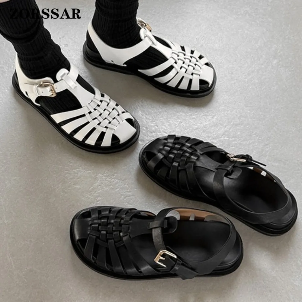 

Women's Genuine Leather Woven Closed Toe Roman Sandals with Adjustable Buckle Ankle Strap Flat Casual Summer Shoe for Daily Wear