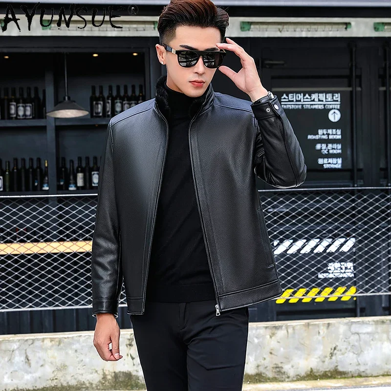 

AYUNSUE High Quality Men Leather Jacket Genuine Goatskin Coat Warm Mink Fur Liner Fur Coat Winter Jackets for Men Jaqueta Couro