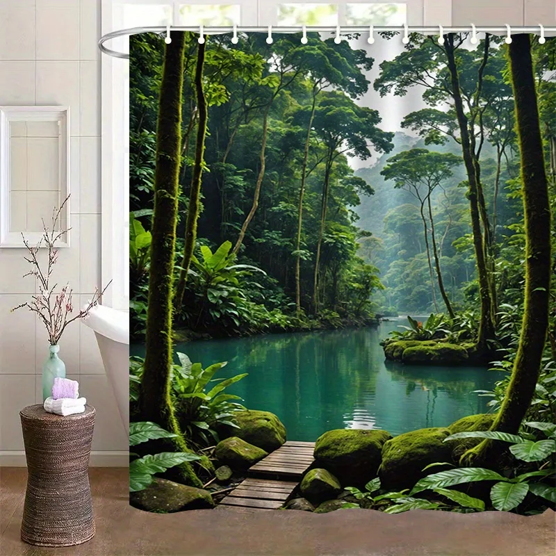 Tropical Rainforest Shower Curtain Nature Landscape Art Bathroom Decor Green Forest Lake Bath Curtains Modern Home Interior