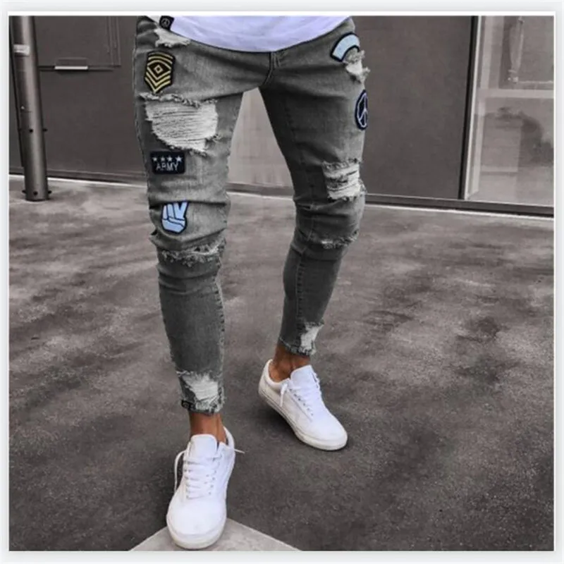 

Streetwear Men Ripped Skinny Biker Embroidery Badge Cartoon Jeans Destroyed Hole Slim Fit Denim Pants Hip Hop Black Jeans