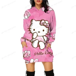 HELLO KITTY  Blocking Printed Sweatshirt Women Fashion Casual Long Sleeve O Neck Pullover Hoodies Autumn Slim Fit Hoodies Dress